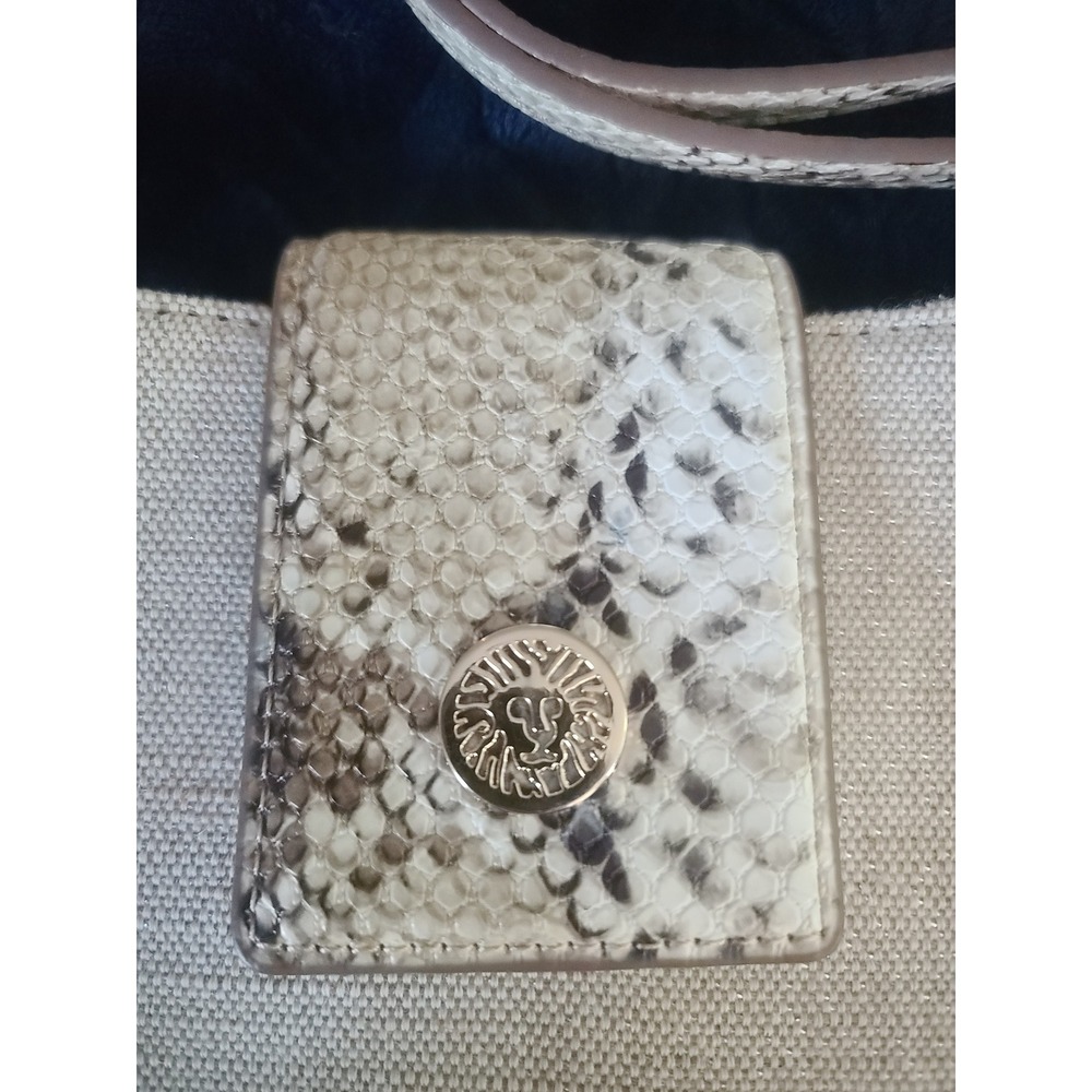 Anne Klein Canvas Snakeskin Embossed Shoulder Bag Cream Lion Logo Medallion - Picture 2 of 11